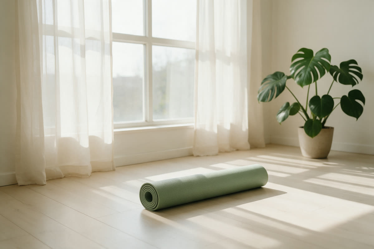 Sunlit yoga studio with a rolled sage green mat and a monstera plant