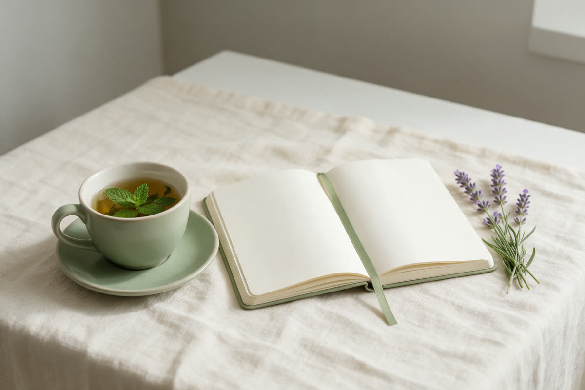Cup of mint tea, an open journal and a sprig of lavender on cream linen
