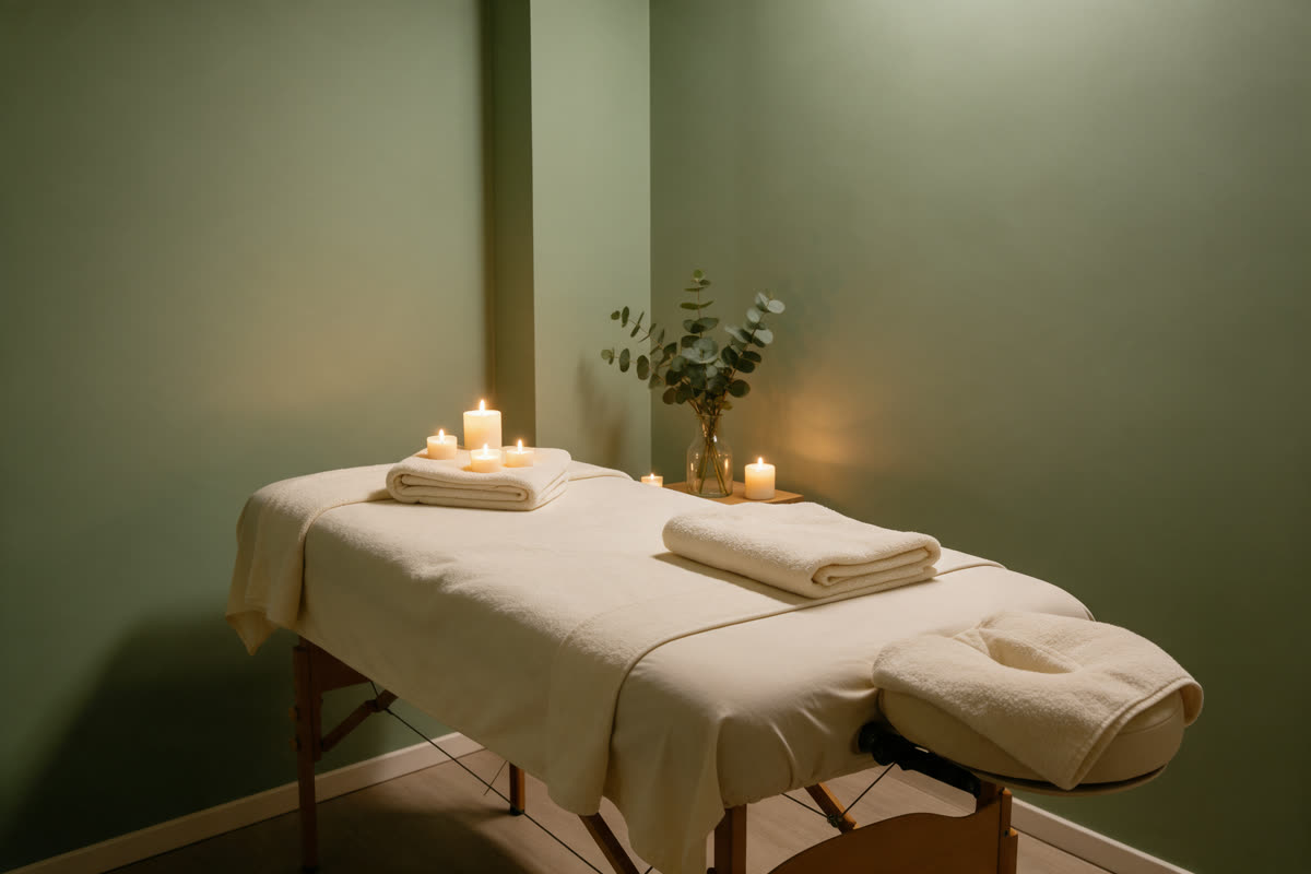 Massage therapy room with a treatment table, candles and eucalyptus